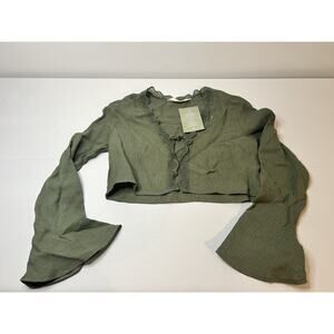 H&M Lace Trim Cropped Blouse Sage Green Lenzing Ecovero Tie Front Boho Top 12 L
